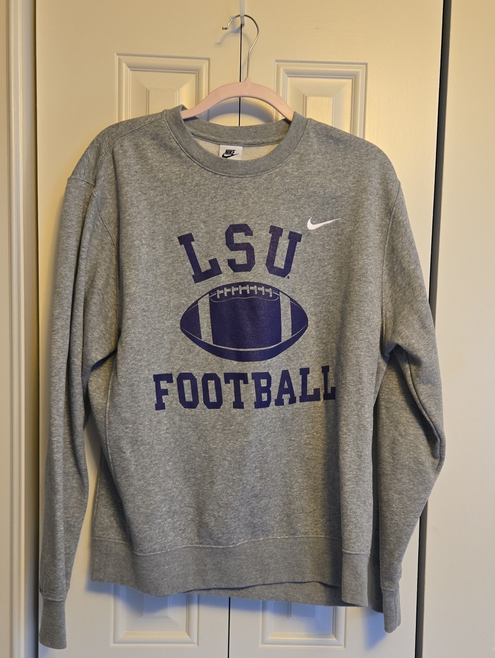 Nike Gray Crewneck with Purple LSU Football Logo